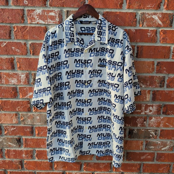 Musso Platinum Jeans Wear Other - Musso Button Up Shirt Mens XL White Blue Logo Print Streetwear Short Sleeve